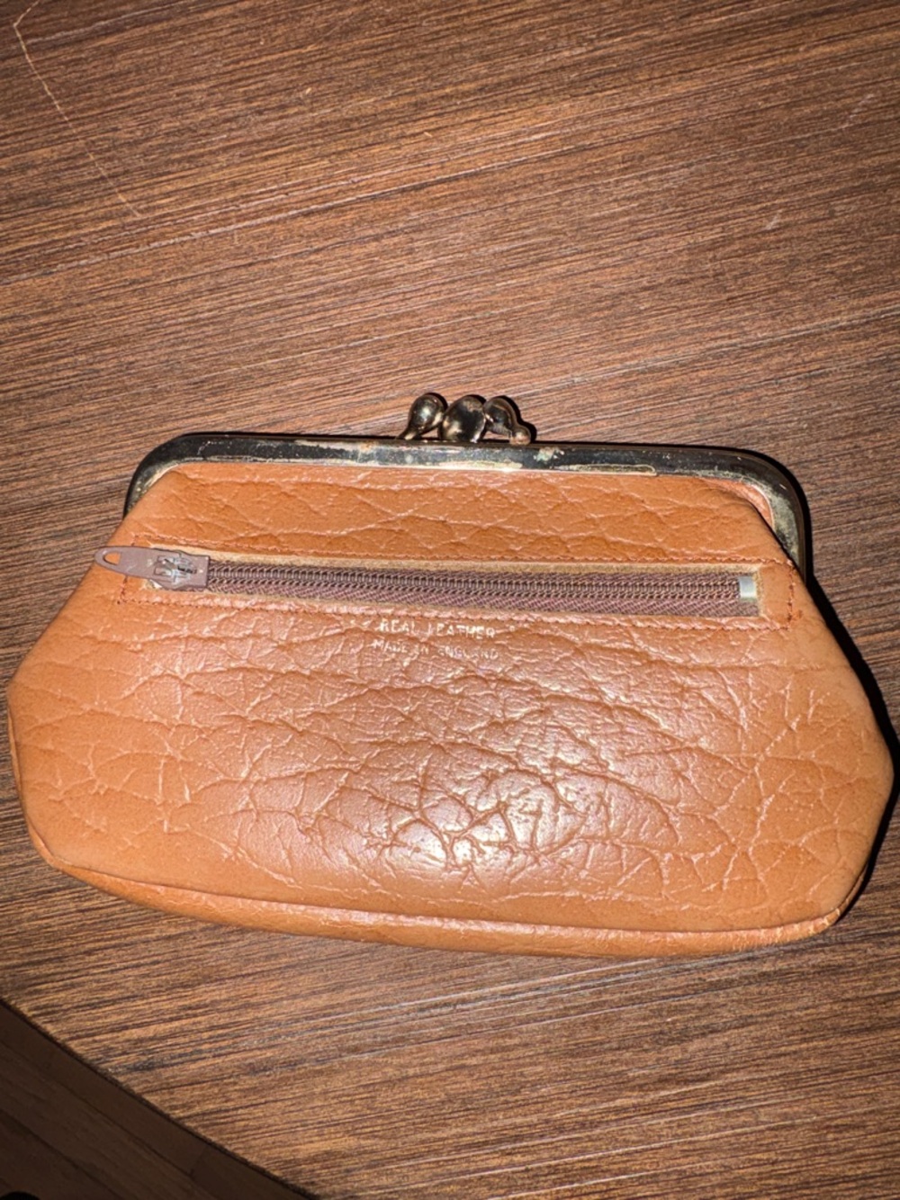 Vintage Real Leather Brown Kiss-Lock Coin Purse - Made in England